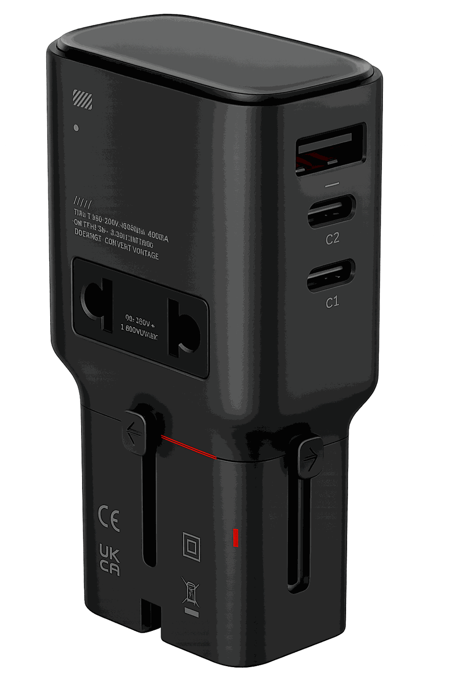 Product render of a KIJIO travel adapter in black